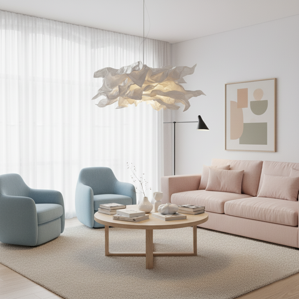 Paper pendant light in a bright living room with blue and pink armchairs