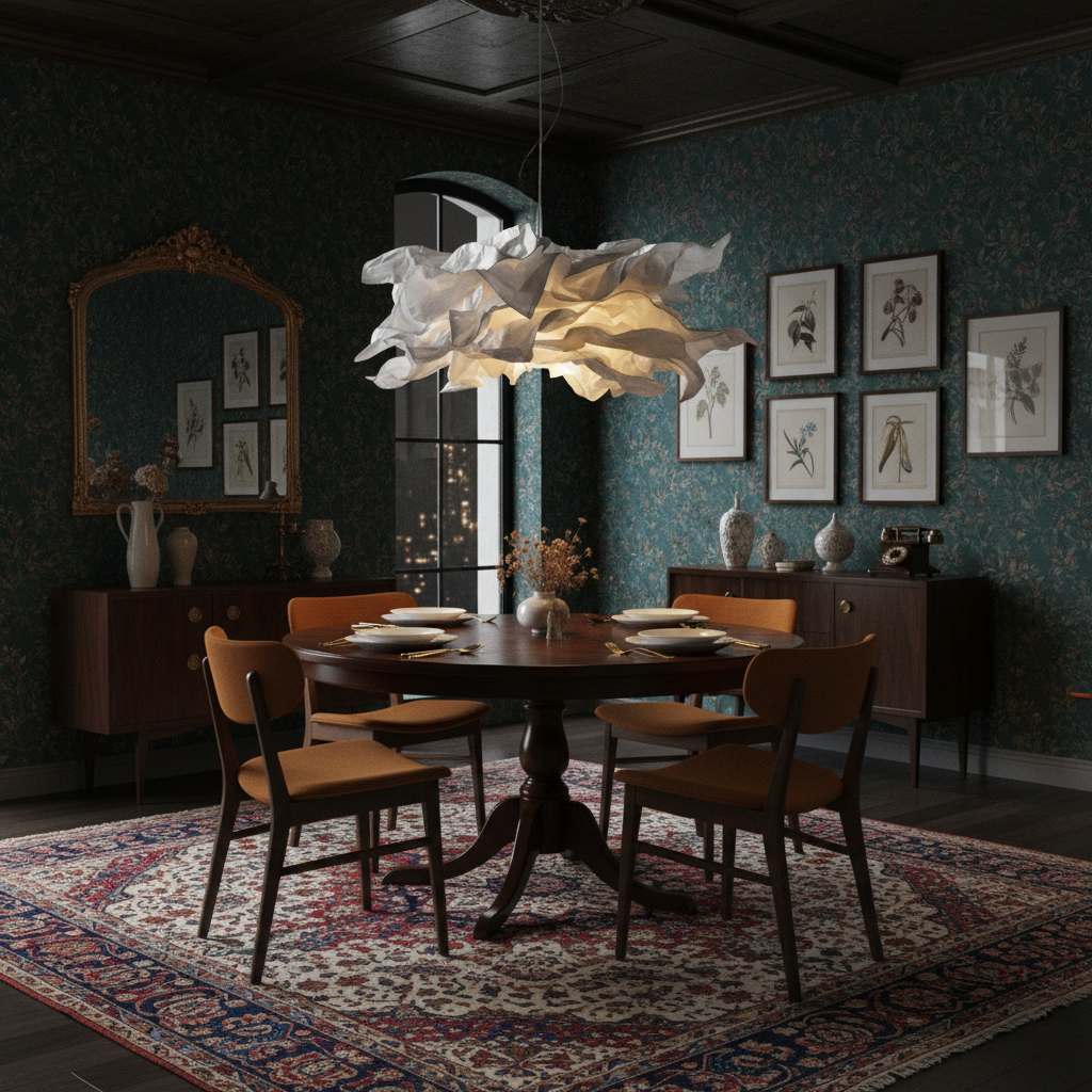 Paper pendant light over a round table in a dark green panelled dining room