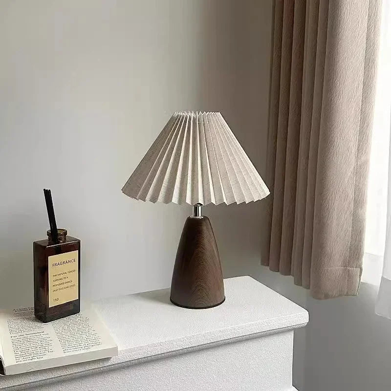 Walnut Ceramic Pleated Desk Lamp Floral Linen Shade USB Power