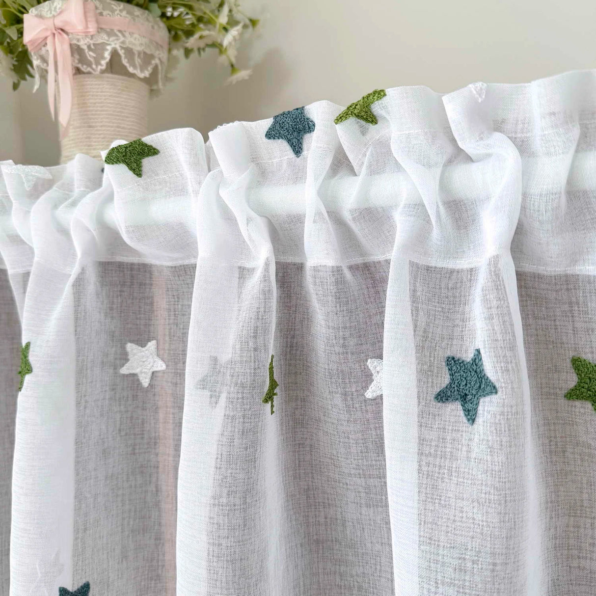 Green Star Embroidered Voile Sheer Kitchen Curtain Panel with Lace