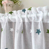 Green Star Embroidered Voile Sheer Kitchen Curtain Panel with Lace