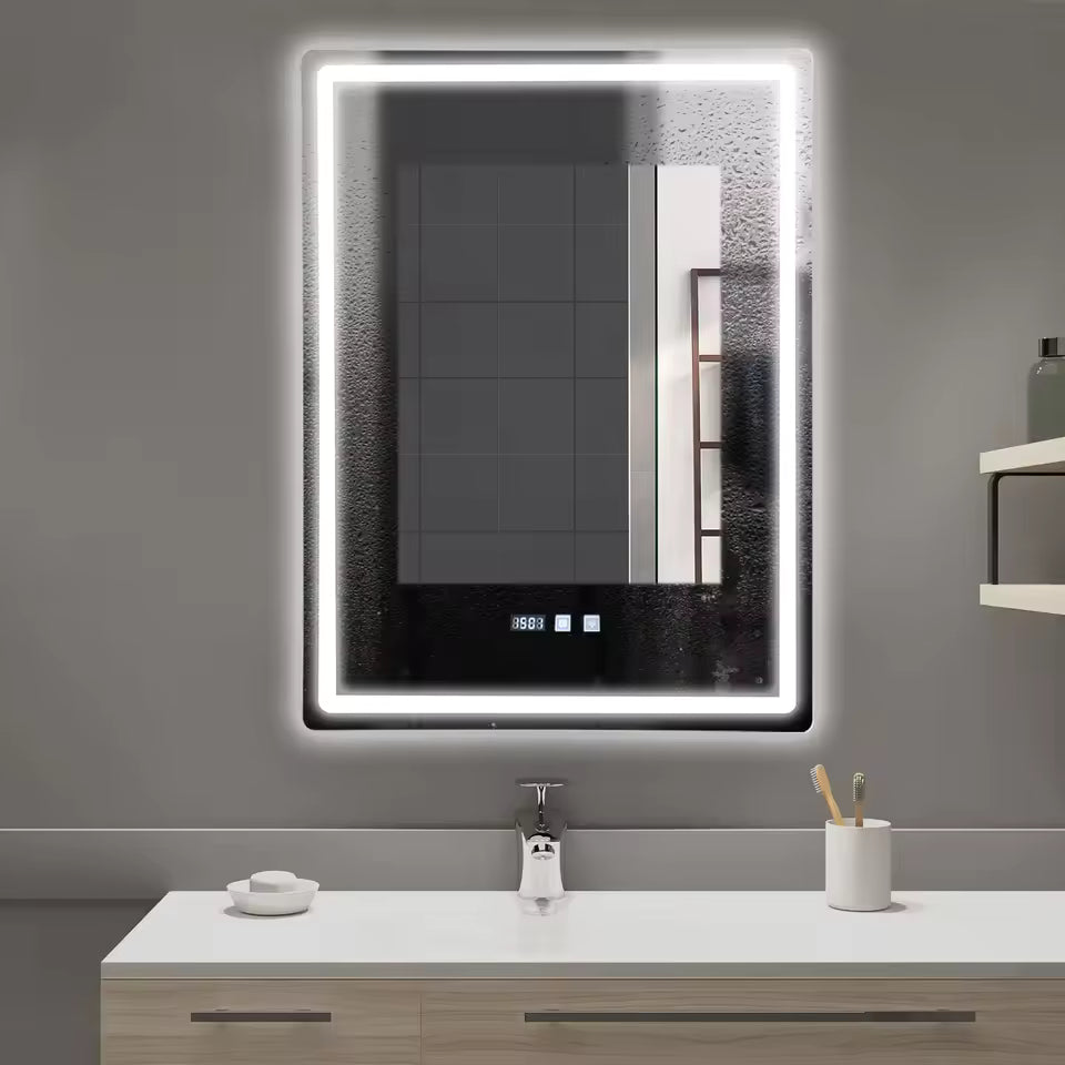 LED Bathroom Mirror with Lights – Wall-Mounted Smart Vanity Mirror with Anti-Fog, Time & Temperature Display