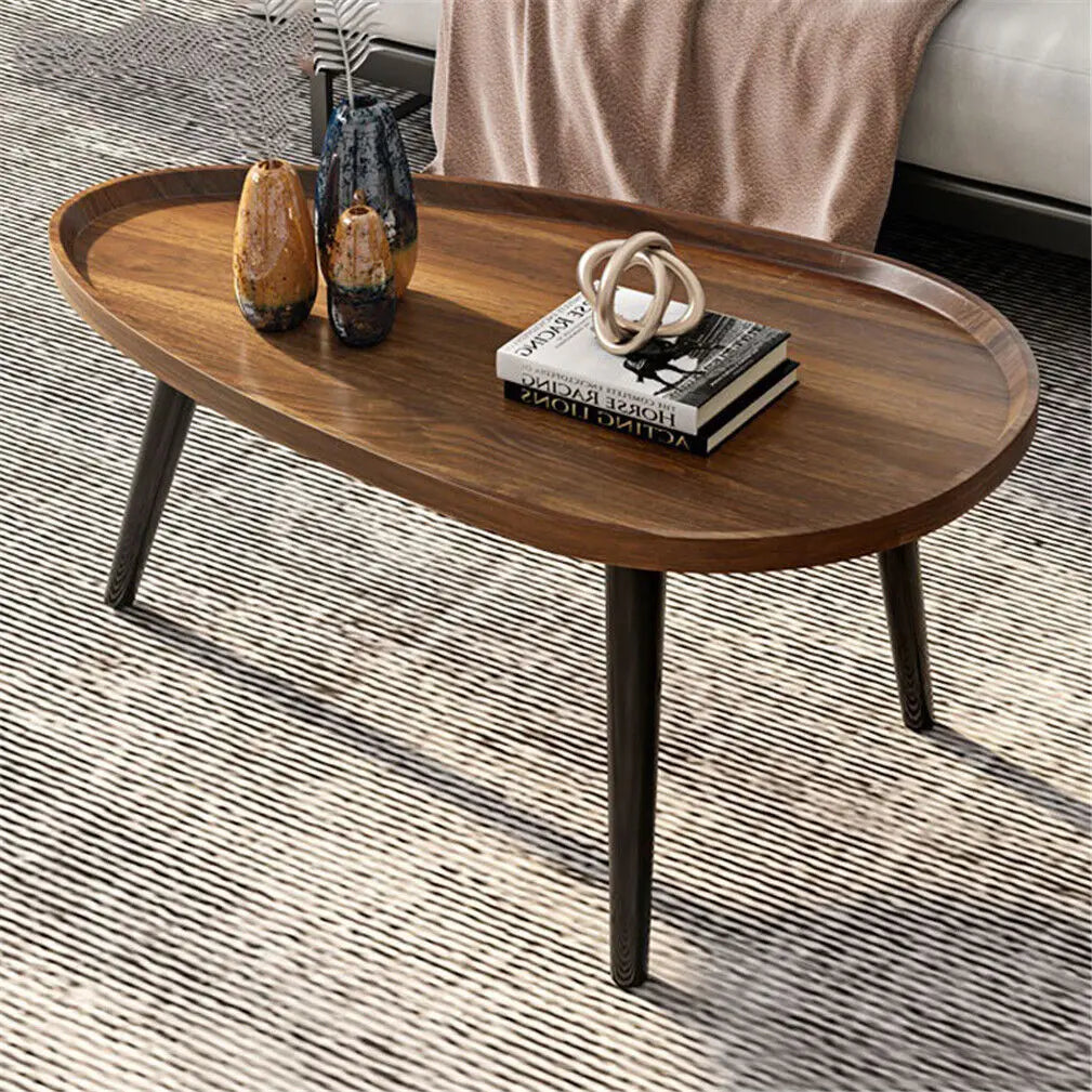 Walnut Oval Irregular Coffee Table Set with Triangle Legs