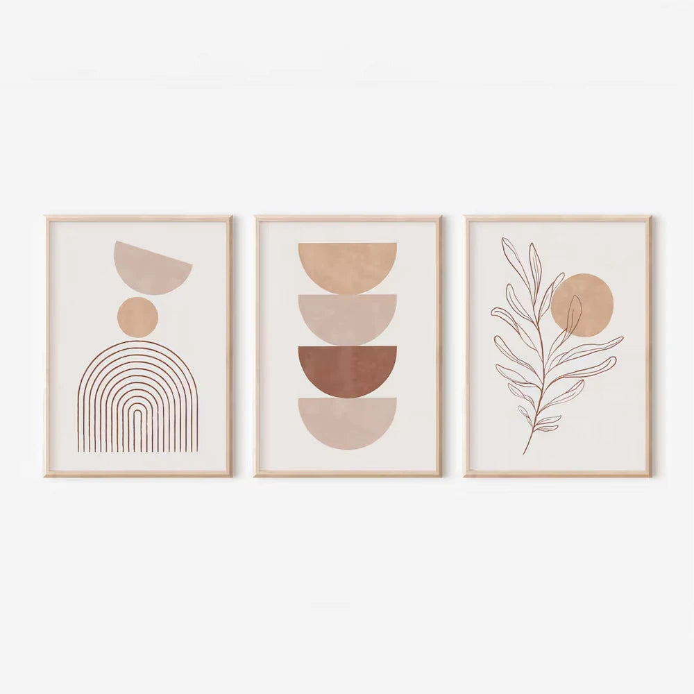 Bohemian Abstract Geometric Canvas Prints: Modern Beige Minimalist Plant Wall Art Decor
