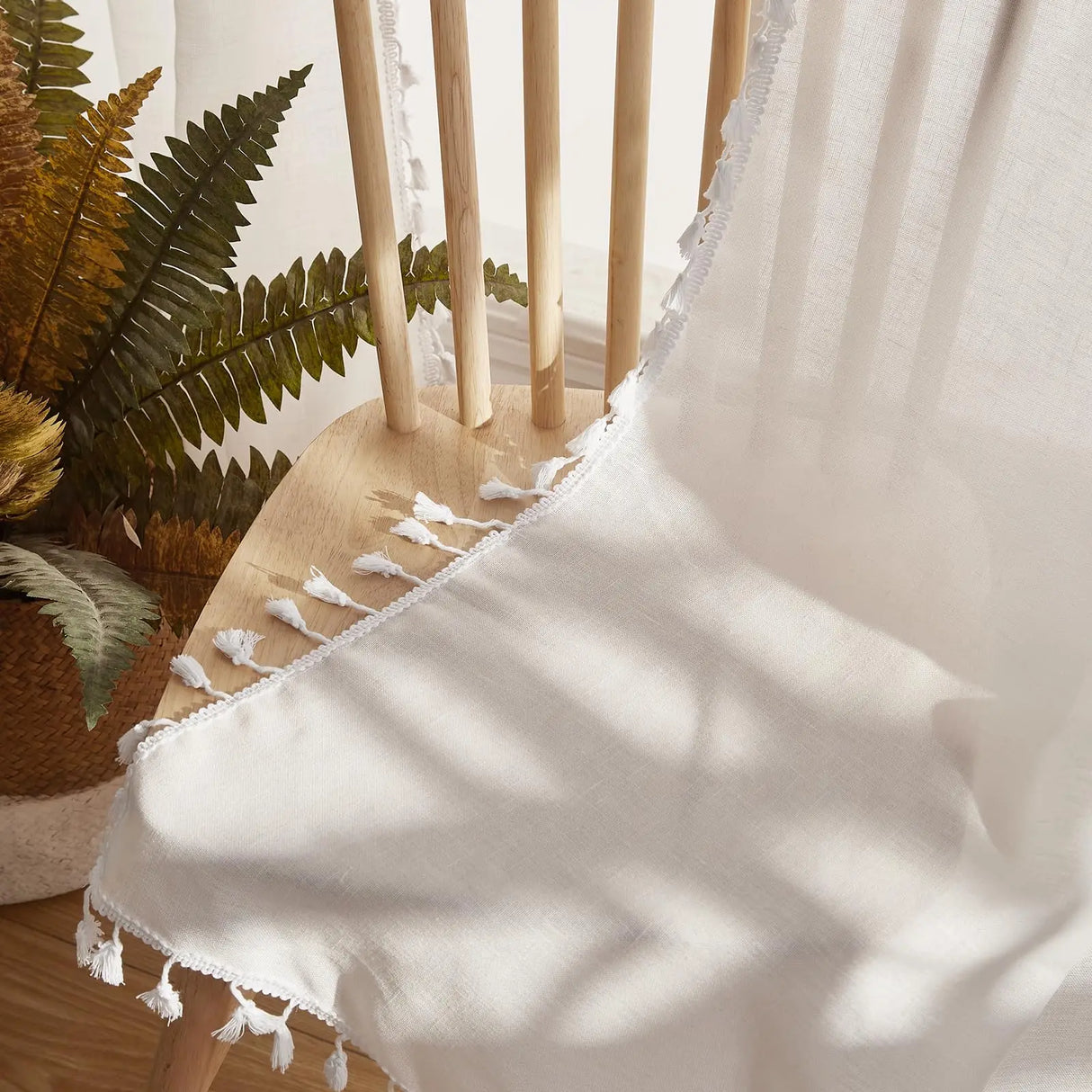 Boho Linen Sheer Curtains with Tassels, Textured French Country Panel