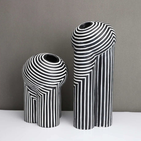 Black White Striped Resin Vase Modern Abstract Geometry Planter