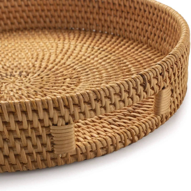 Handwoven Round Rattan Serving Tray with Handles Rustic Natural