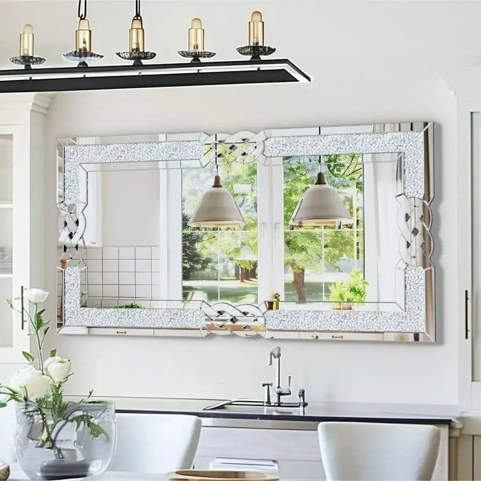 Large Crystal Crush Diamond Mirror Silver Framed Wall Vanity