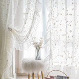 White Embroidered Floral Tulle Sheer Curtains Linen Ruffle Design