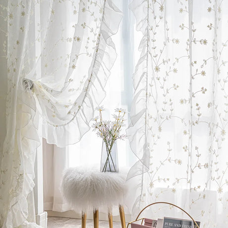 White Embroidered Floral Tulle Sheer Curtains Linen Ruffle Design