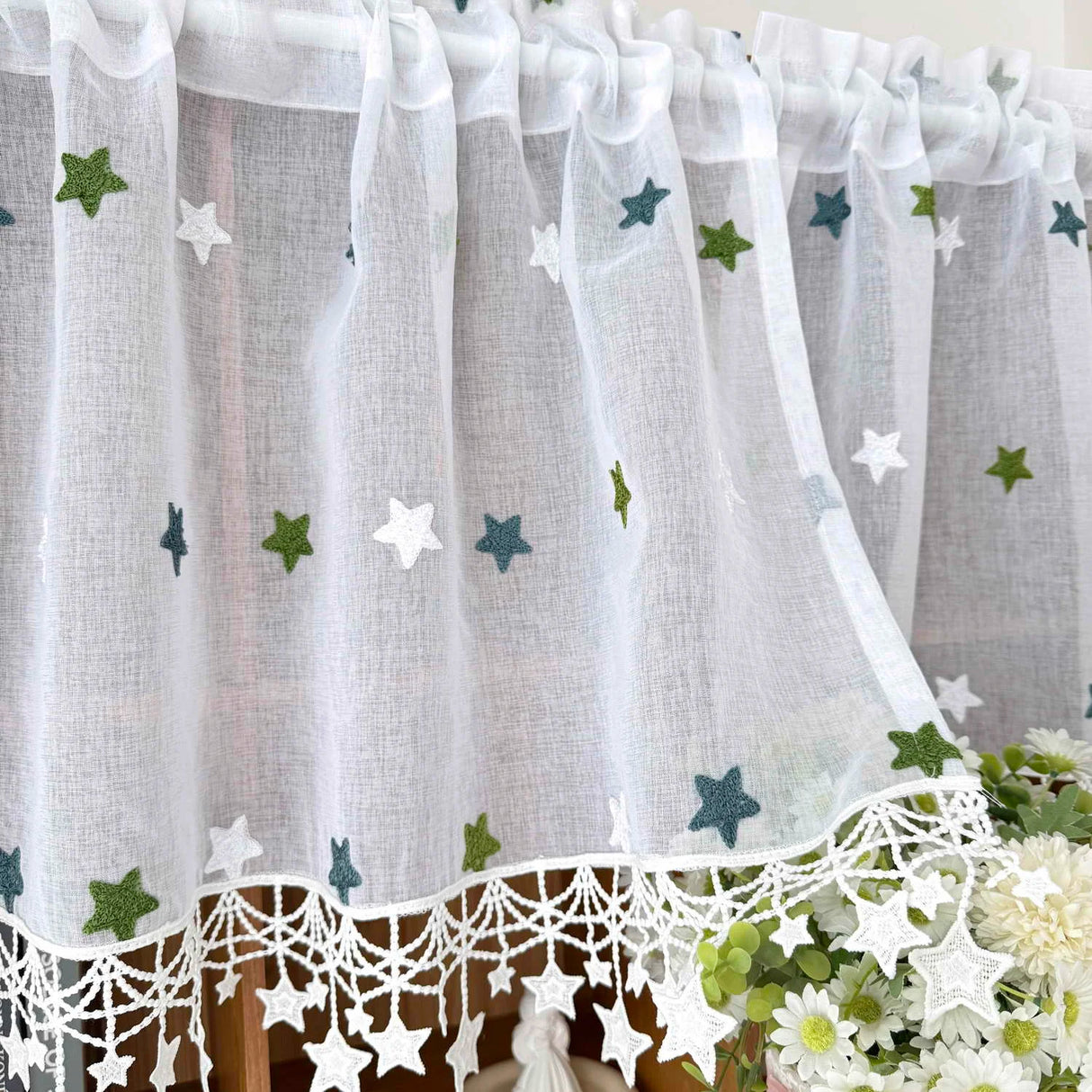 Green Star Embroidered Voile Sheer Kitchen Curtain Panel with Lace