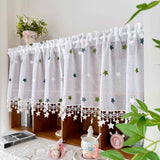 Green Star Embroidered Voile Sheer Kitchen Curtain Panel with Lace
