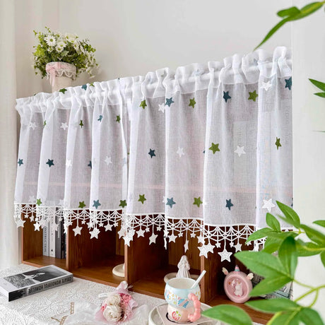 Green Star Embroidered Voile Sheer Kitchen Curtain Panel with Lace