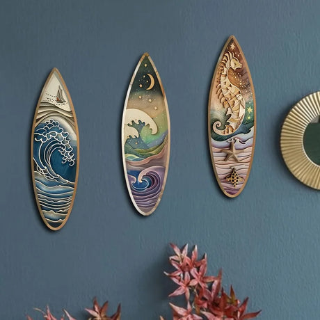 3-Piece Wooden Surfboard Wall Decor Nautical Marlin Wave Art