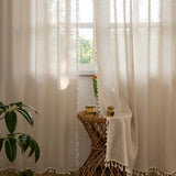 Boho Linen Sheer Curtains with Tassels, Textured French Country Panel