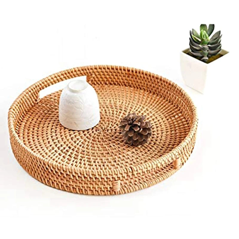 Handwoven Round Rattan Serving Tray with Handles Rustic Natural