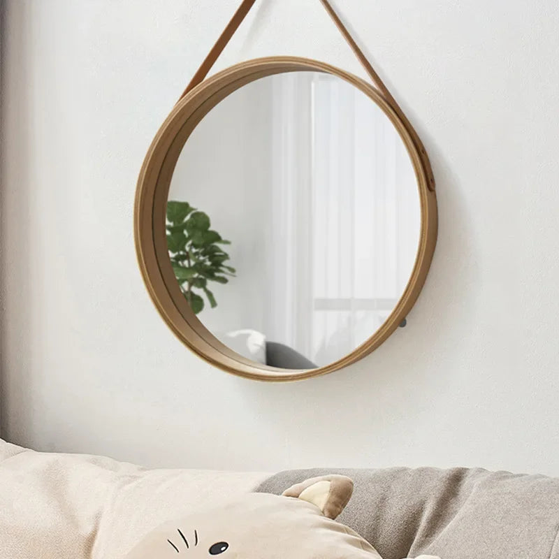 Perforation-Free Round Wall Mirror with Thick Wood Frame Leather Strap