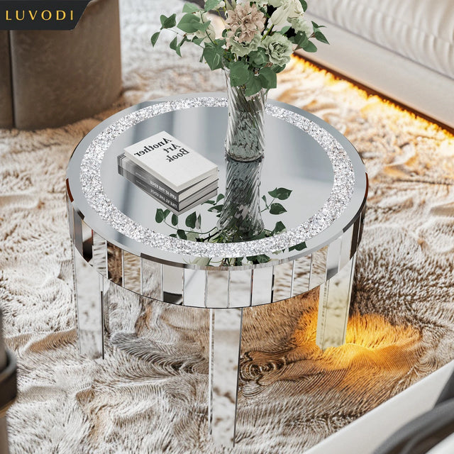 LUVODI Mirrored Round Side Table with Crystal Diamond Inlay, Silver