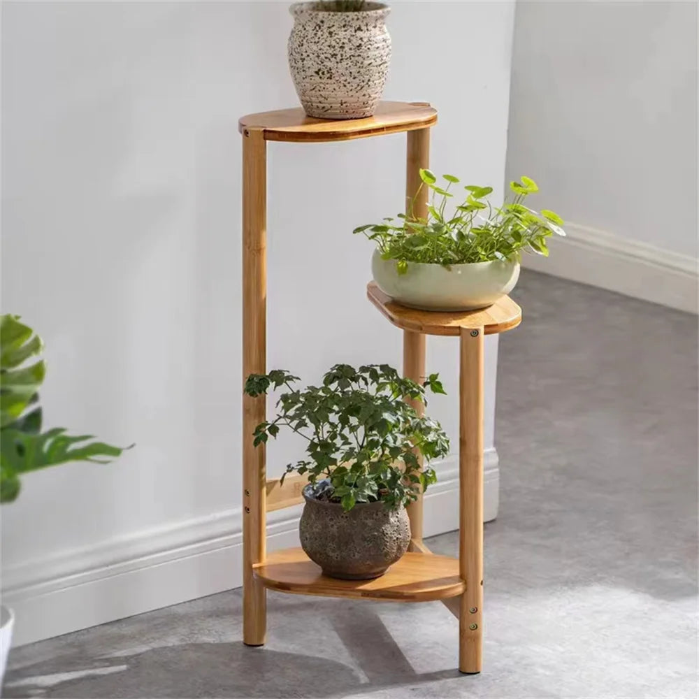 3-Tier Bamboo Corner Plant Stand Space-Saving Indoor Outdoor Display