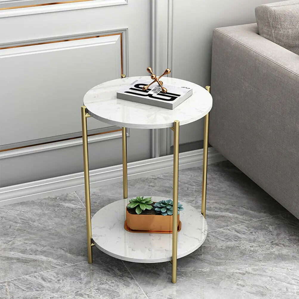 Sintered Stone Round Side Table with Metal Frame and Shelf