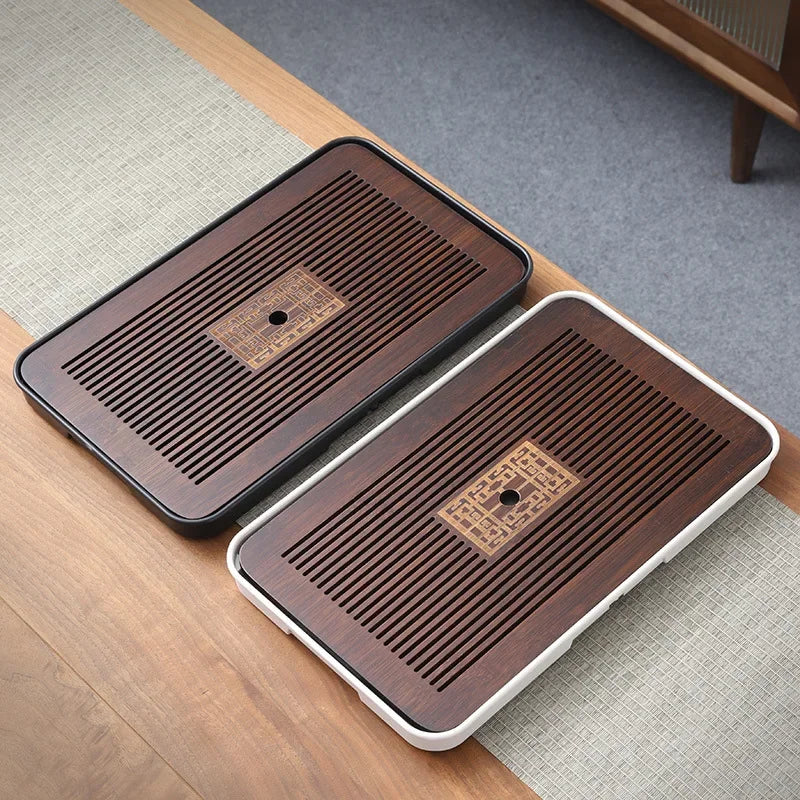 Vintage Chinese Wooden Tea Tray with Drawer Storage and Drainage