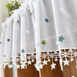 Green Star Embroidered Voile Sheer Kitchen Curtain Panel with Lace
