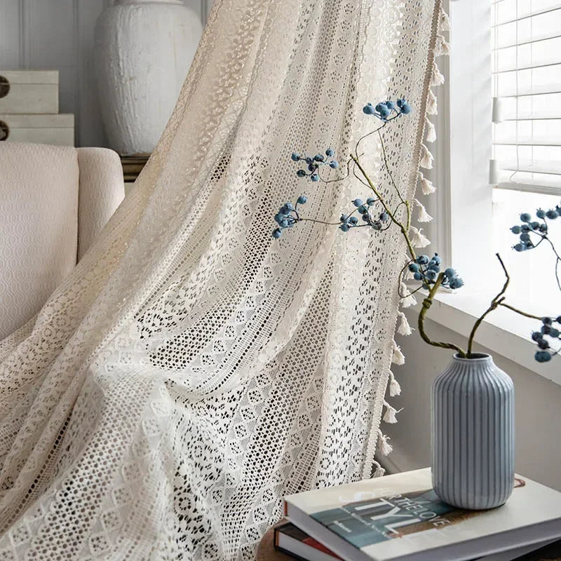 Boho Tassel Crochet Sheer Curtains Cotton Lace Rod-Pocket Panel