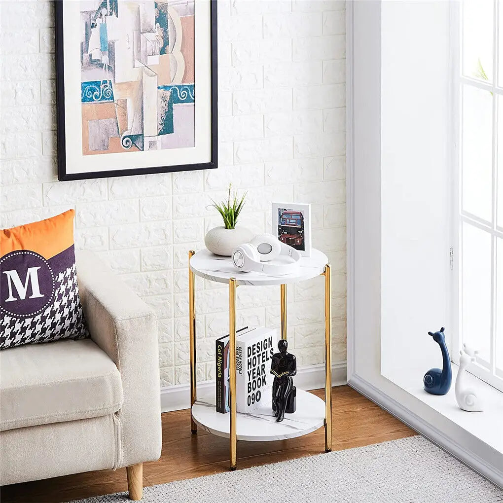 Sintered Stone Round Side Table with Metal Frame and Shelf