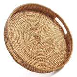 Handwoven Round Rattan Serving Tray with Handles Rustic Natural