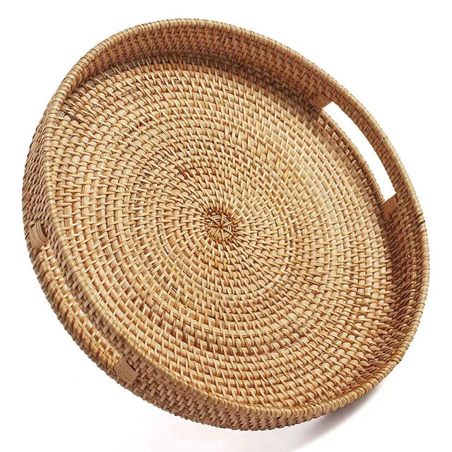 Handwoven Round Rattan Serving Tray with Handles Rustic Natural