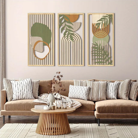 3-Piece Sage Green Abstract Geometric Wooden Wall Art Set
