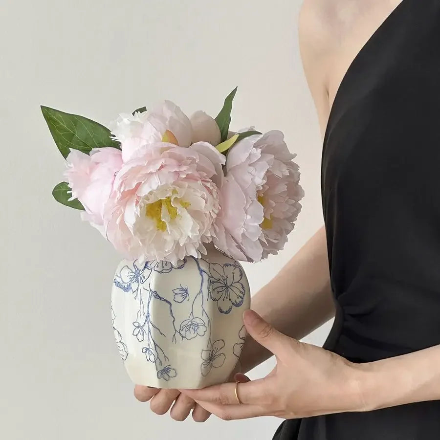 Blue White Porcelain Ceramic Vase Hand-Painted Floral Home Decor
