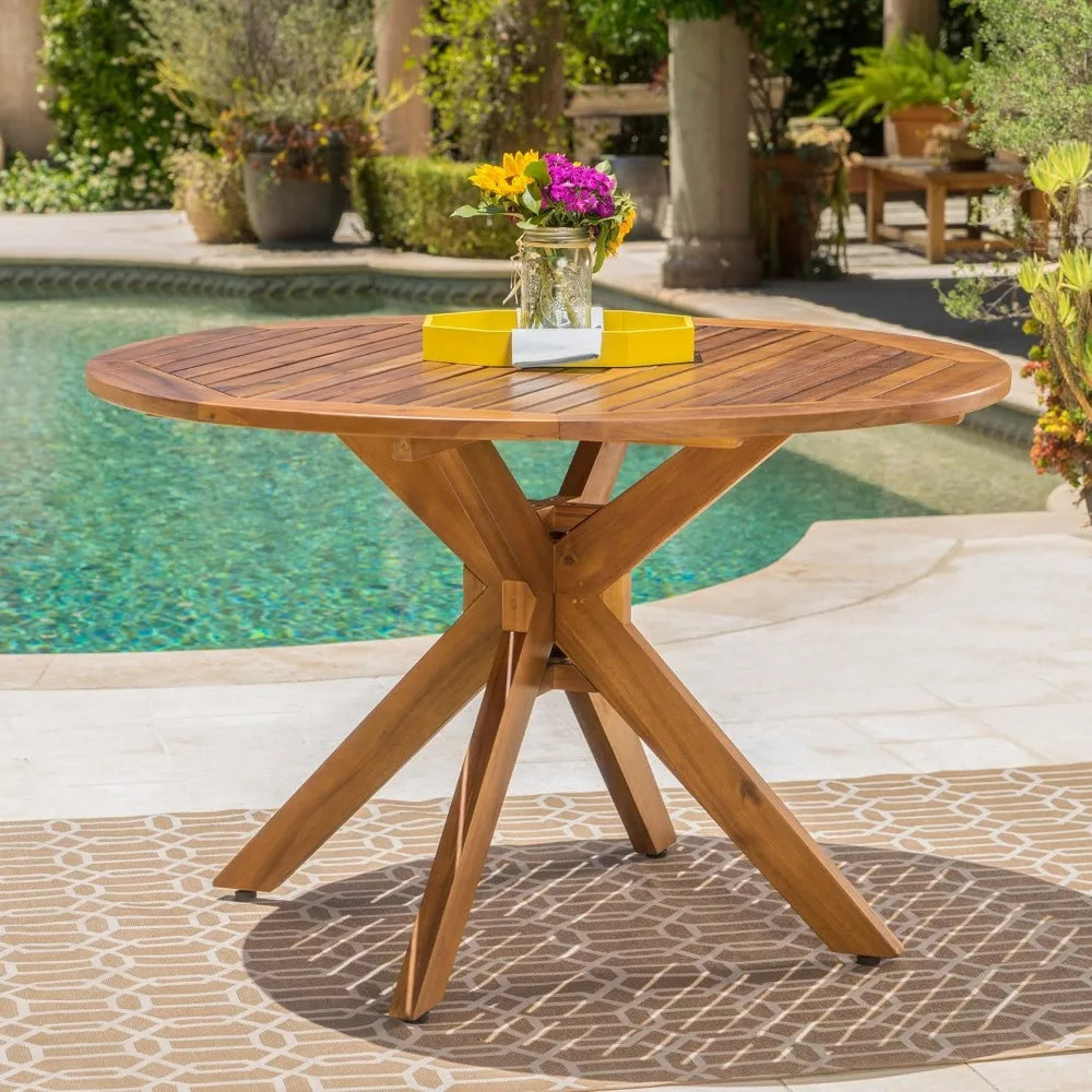 Acacia Round Outdoor Dining Table 47.25in Teak X-Base Seats Four