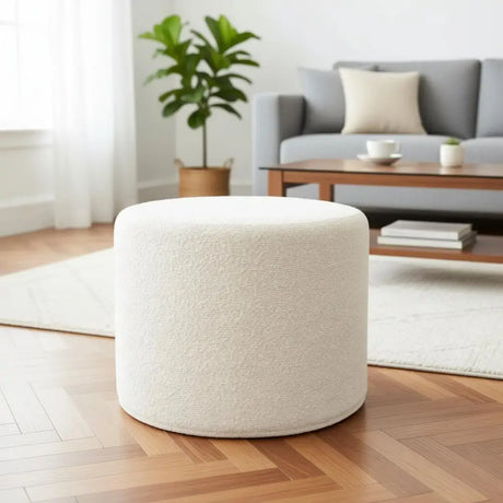 Upholstered Ottoman – White Boucle Round Pouf Footstool Accent Seat.