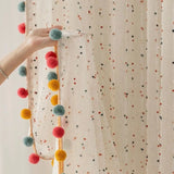 Sheer Embroidered Lace Curtains with Rainbow Pom-Pom Tassels