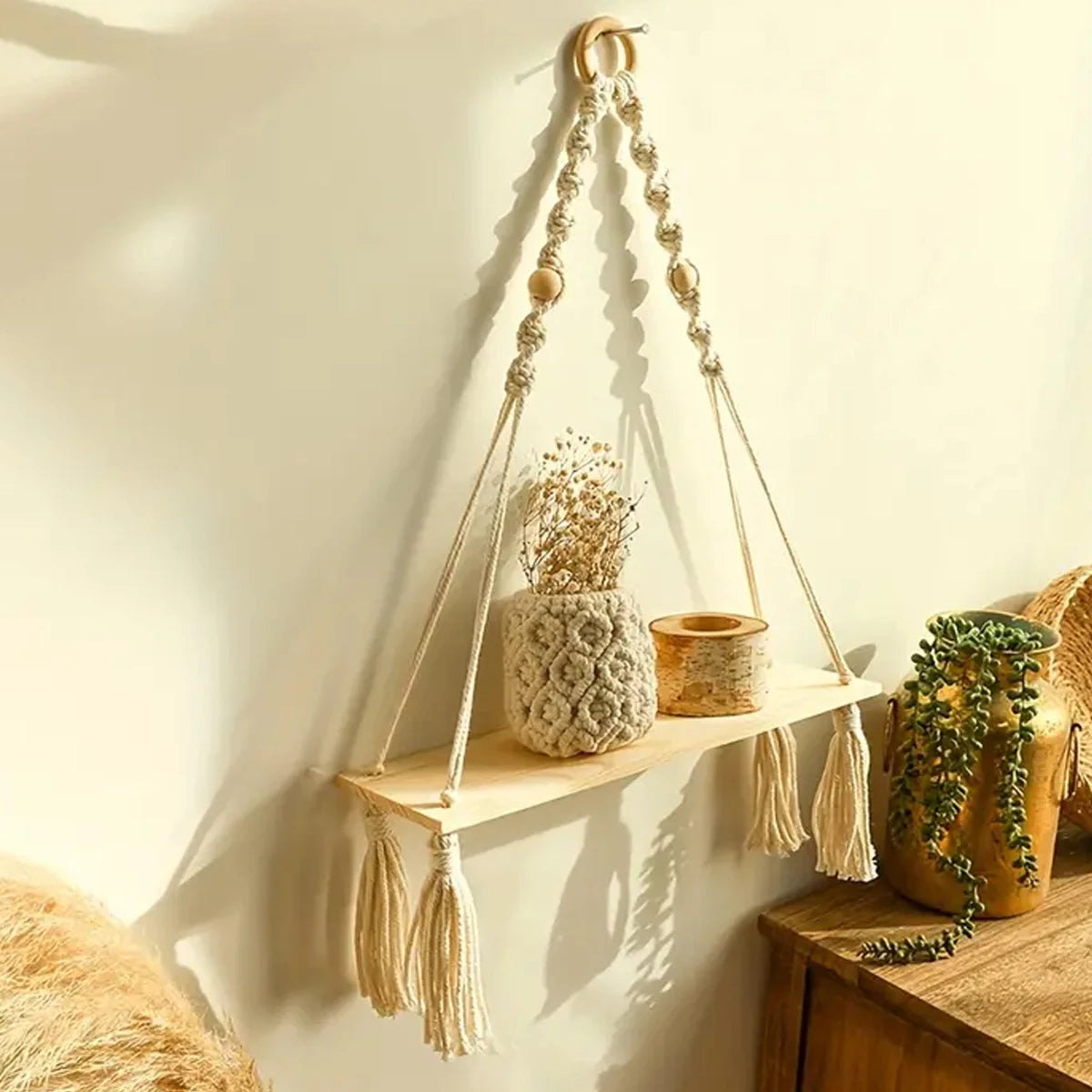 Boho Macrame Rustic Wood Floating Wall Shelf for Home