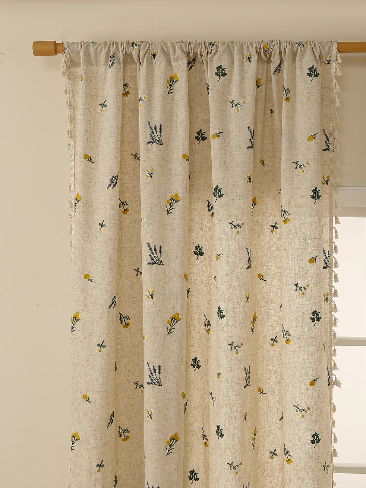 Beige Linen Embroidered Fringe Curtain Panel - Rustic Window Drapery