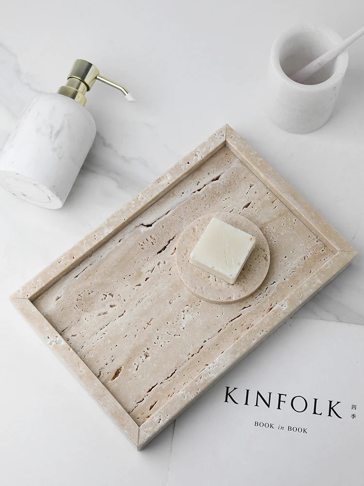 Beige Travertine Marble Vanity Tray for Perfume, Jewelry, Candles