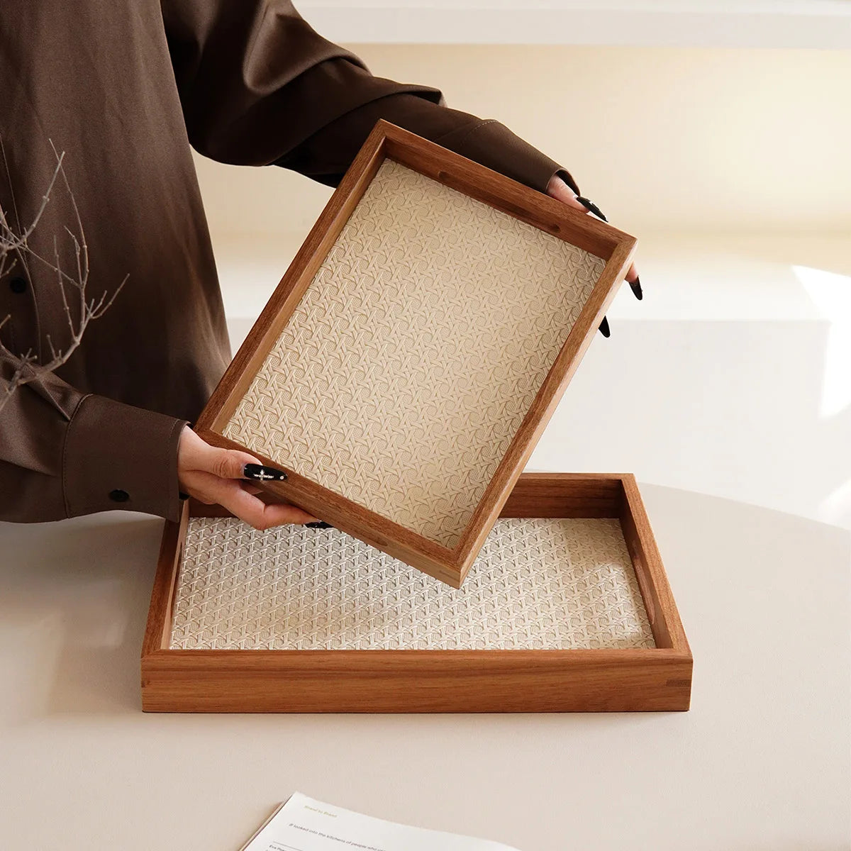 Bamboo Pattern Acacia Wood Leather Jewelry Tray Decorative Storage