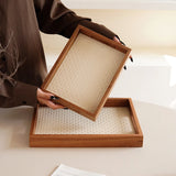 Bamboo Pattern Acacia Wood Leather Jewelry Tray Decorative Storage