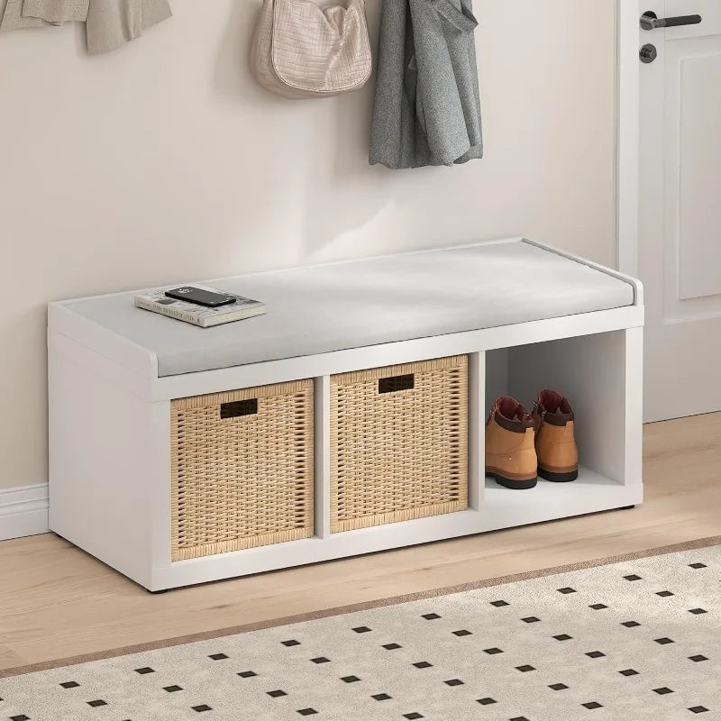 3 Cube Storage Bench – Cushioned White Entryway Seating Organizer.