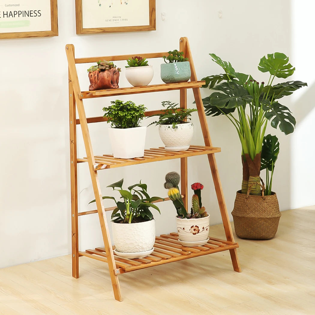 3-Tier Foldable Bamboo Plant Stand Organizer for Indoor Outdoor