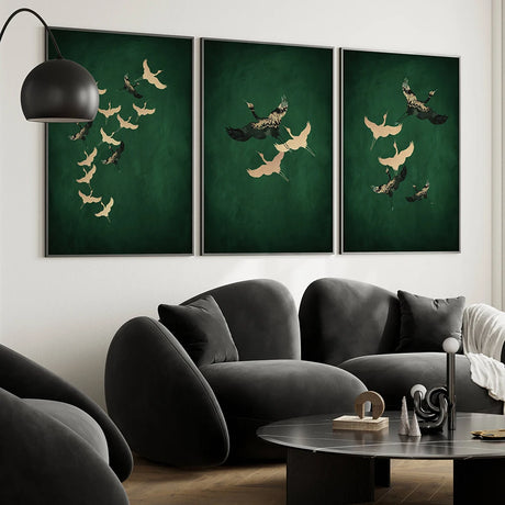 Elegant Sage Green Cranes Japanese Wall Art Prints Set - Minimalist Japandi Decor