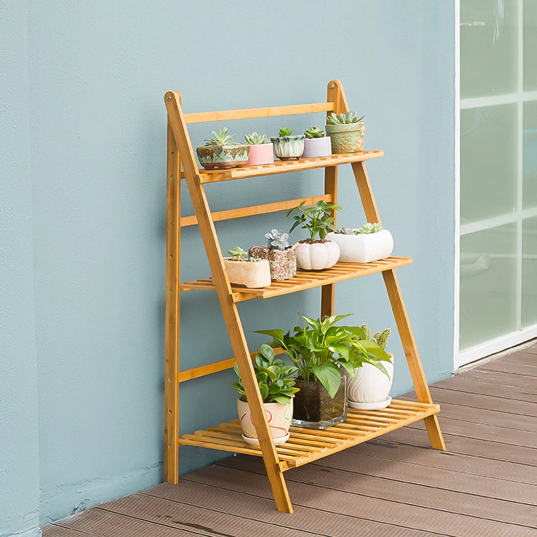 3-Tier Foldable Bamboo Plant Stand Organizer for Indoor Outdoor