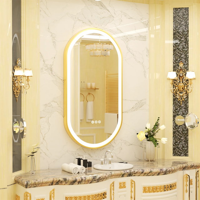 Gold Oval LED Bathroom Mirror Anti-Fog Dimmable Memory Function