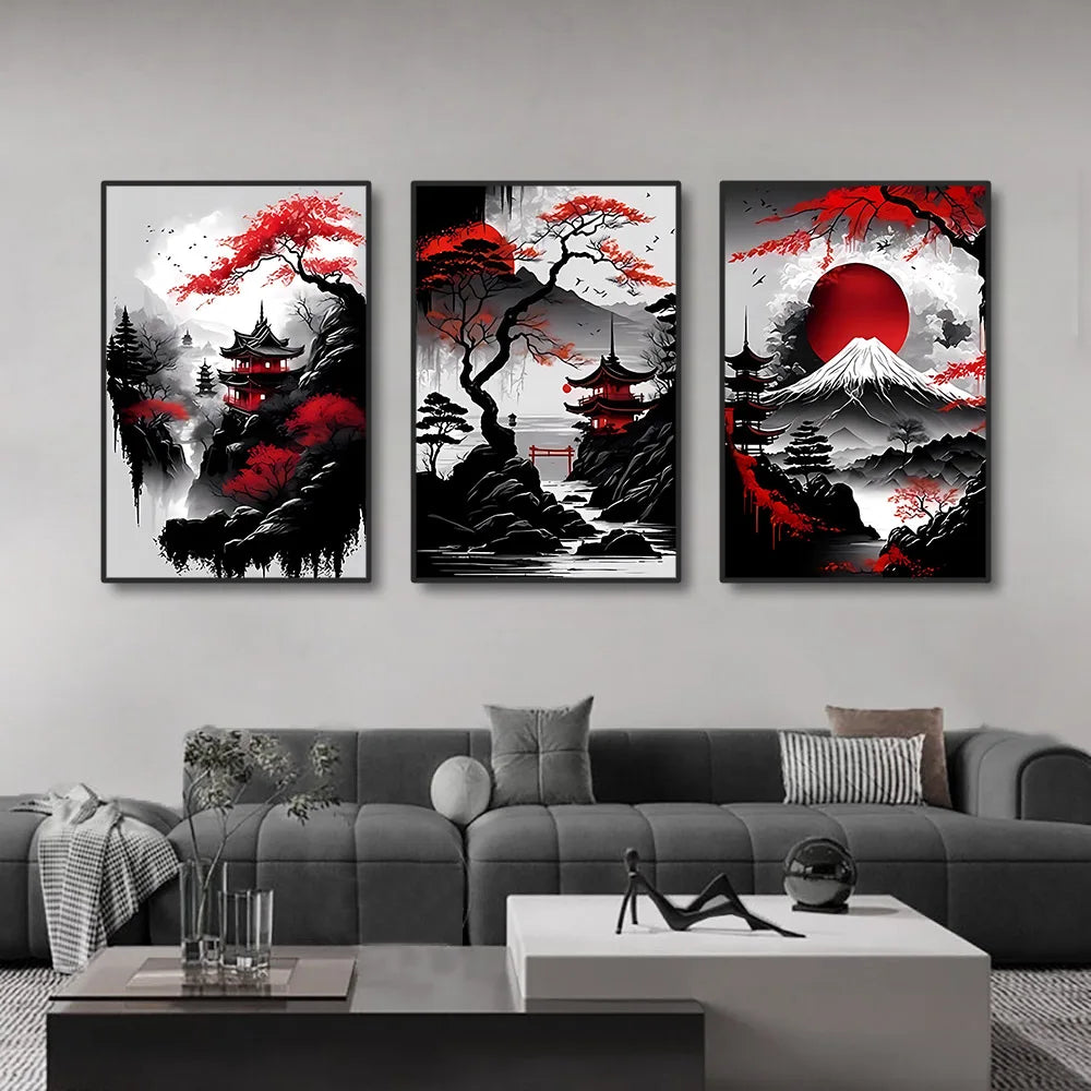 3-Piece Vintage Japanese Landscape Canvas Wall Art Set, Oriental Prints