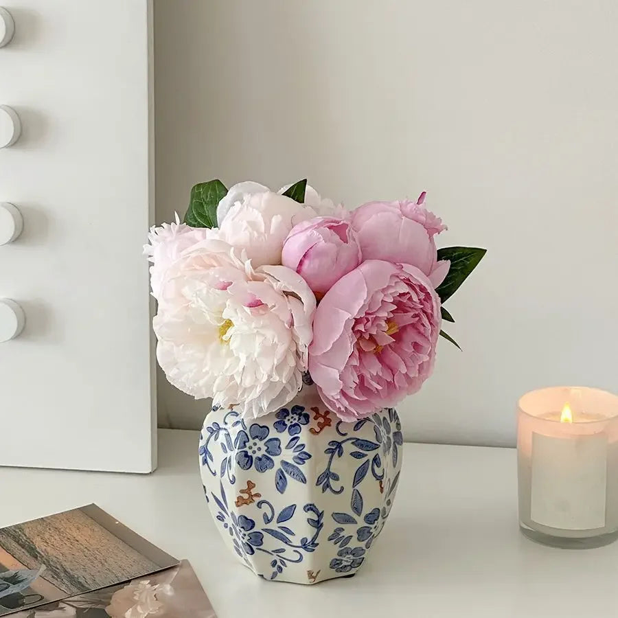 Blue White Porcelain Ceramic Vase Hand-Painted Floral Home Decor