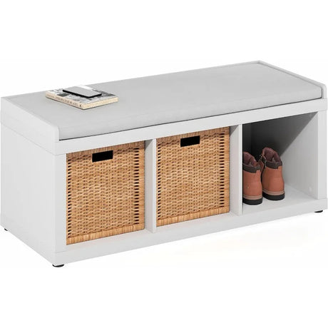 3 Cube Storage Bench – Cushioned White Entryway Seating Organizer.