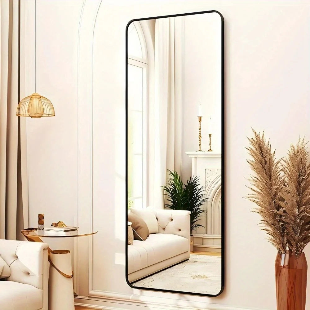 59-inch Full-Length Rounded Corner Mirror with Black Aluminum Frame