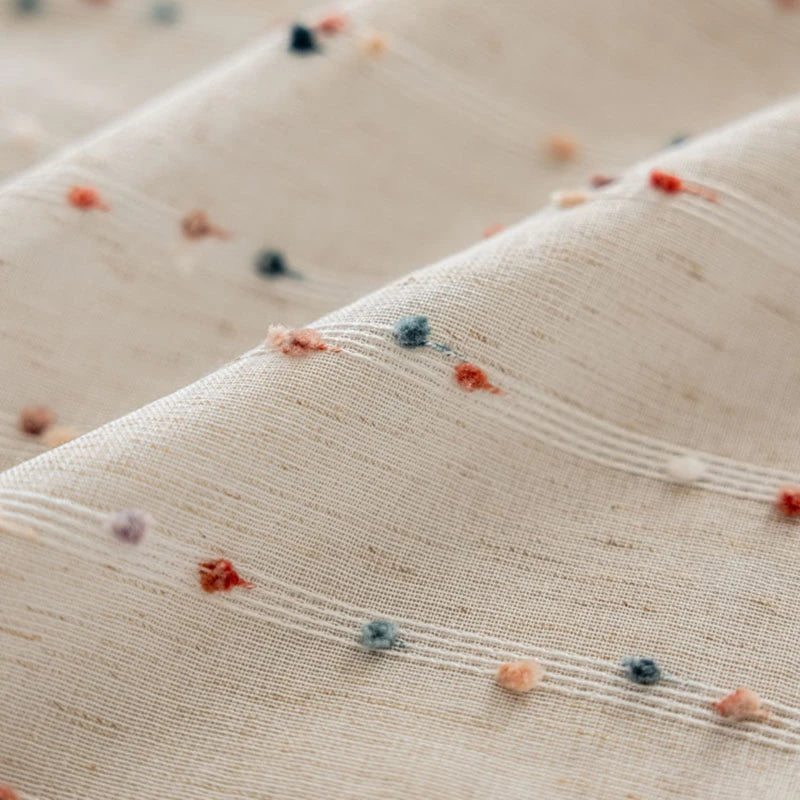 Sheer Embroidered Lace Curtains with Rainbow Pom-Pom Tassels